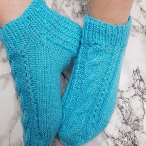 Slippers Blue socks, Knitted Ankle Socks Wool socks, Handmade Cozy Slippers Socks,Gift, Casual Ankle Socks, Size 5