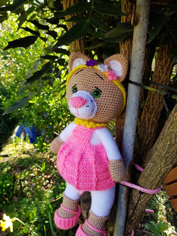 cat crochet dress Handmade Chenille Crochet Kitty, Violet Dress Amigurumi, Soft Stuffed Cat