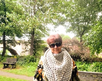 Handmade Crochet Triangle Scarf: Gray Ombre Yarn, Wool Blend Shoulder Wrap
