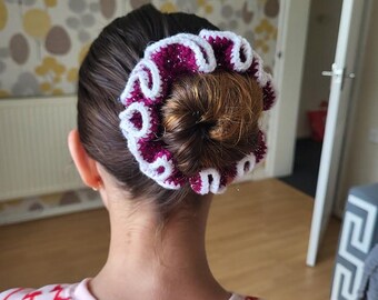 Handmade Crochet Scrunchie: Ruffle Hair Clip, Acrylic cherry with shiny thread and white
