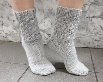 Knitted Winter Socks, Cable Knit Socks, Handmade Knitted Grey Socks Adult-Size UK6/EU 38-39/.