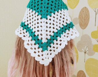 Crochet Bandana. Hand Crochet Accessories For Hair Bandana. Blue and White Crocheted Bandana. Granny Triangle Bandana. Crochet Bandana Scarf