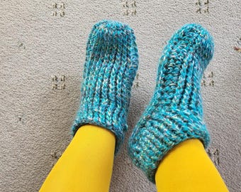 Handmade Blue Mohair Crochet Slippers - UK Size 6