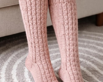 Beige  hand-knitted women's socks – Cable Knit Design