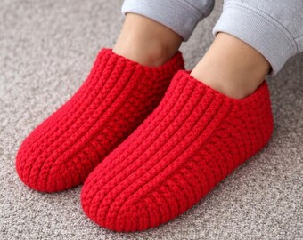 Red Crochet Wool Slippers: Cozy Handmade House Shoes for Women