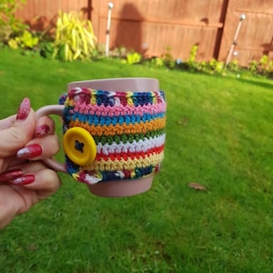 Hand Knitted Cup Cozy Rainbow, Hand Made Mug Cozy, Coffee Cozy, Tea Cup Cozy,  Cup Cozy whit Button,Gift