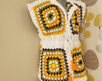 Granny Square Crochet Vest. Handmade boho festival top. Model Fantasy.