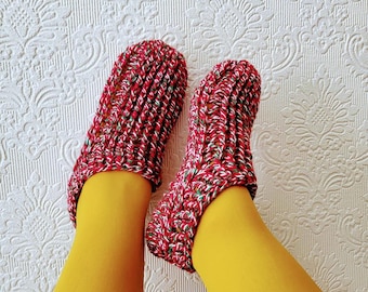 Handmade Mohair Crochet Slippers: Red & Green Home Socks (UK 6)