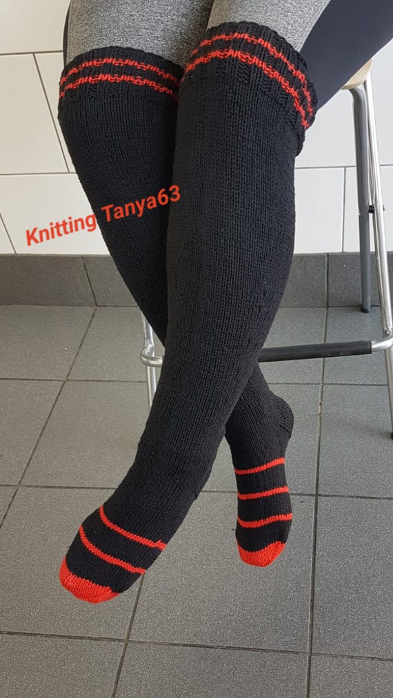 Knit Knee-High Socks: Black Red Wool Blend, Size 5-7/UK/