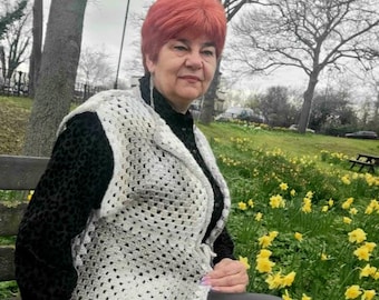Granny Square Crochet Vest: White and Grey Handmade Knit Cardigan