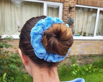 Light Blue Crochet Scrunchie: Ruffled Fluffy Hair Accessory, Acrylic Yarn Ponytail Holder