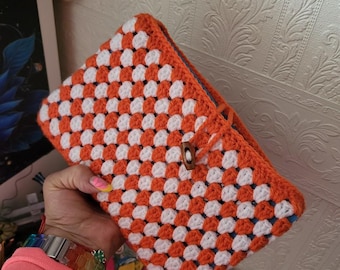 Handmade Crocheted Book Sleeve: Orange & White Cottagecore Book Cover