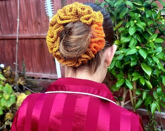 Handmade Crochet Ruffle Scrunchie, Orange & Yellow Hair Tie