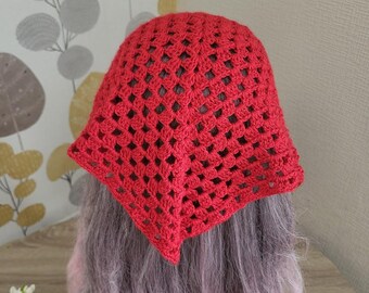 Crochet Triangle Bandana/ Head Red  scarf / Festival Accessories