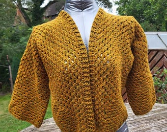 Hand Crochet Mustard Hexagon Cardigan: Cozy Festival Style