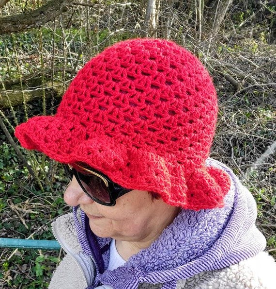 Rosier  Red Handmade Crochet Granny Stitch Bucket Hat OS Handmade wide brim crochet bucket hat in red main image 4