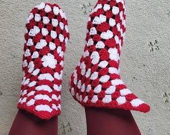 Handmade Crochet Slipper Socks: Red and White Granny Square Home Shoes