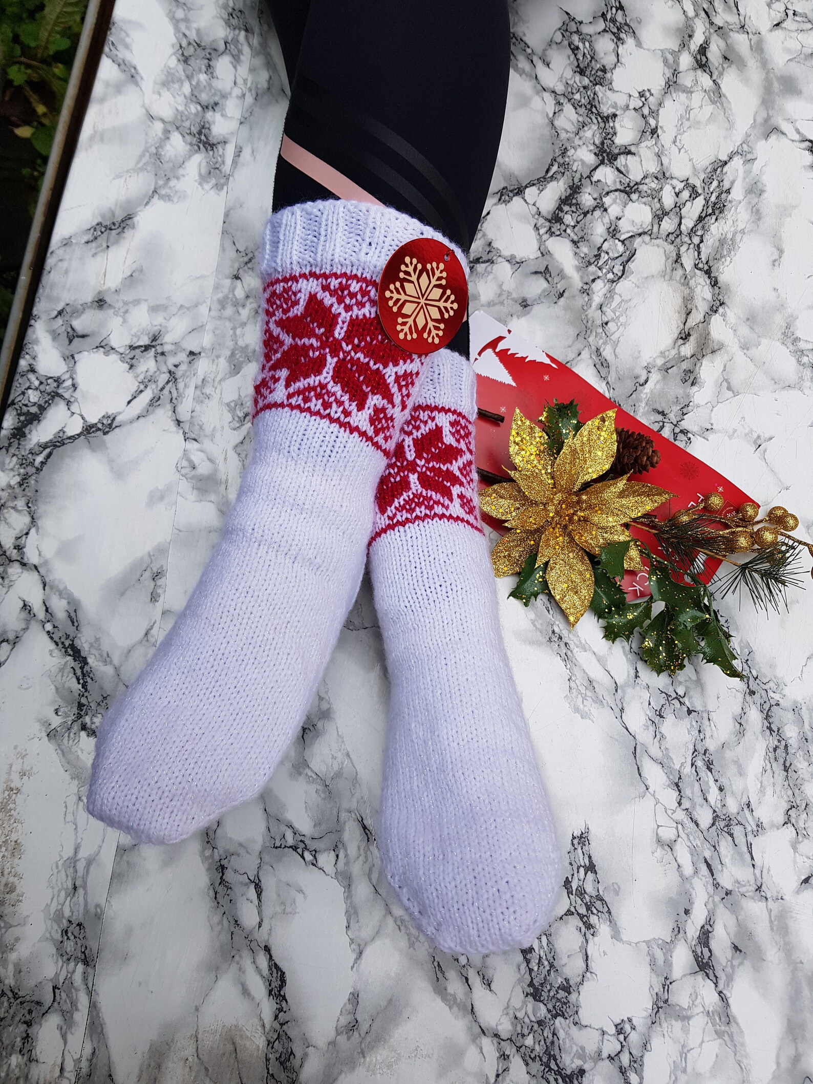 Knitted Christmas Socks Cotton Socks Hand knitted Snowflake Etsy