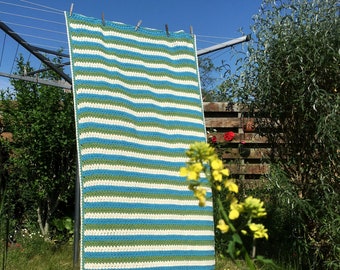 Crochet handmade unique striped boho vintage-style blanket, afghan, throwmade of blue, green and off-white recycled cotton yarn