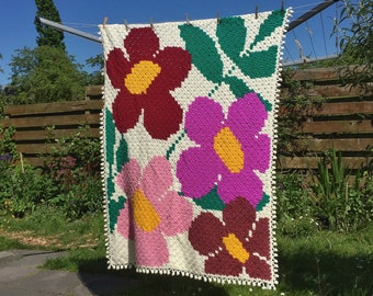 Colorful unique boho retro crochet flower blanket
