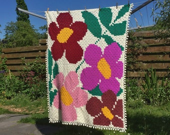 Couverture de fleurs au crochet rétro bohème colorée et unique