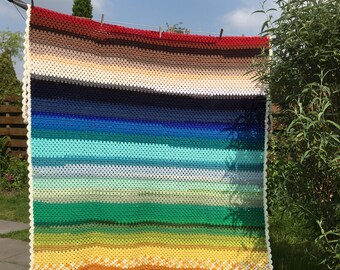 Couverture rayée grand-mère au crochet faite main : couvre-lit afghan rétro coloré