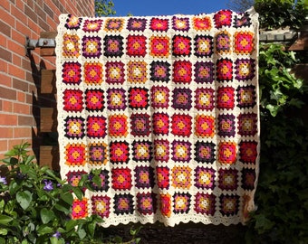 Crochet colorful unique boho retro vintage style granny squares blanket afghan