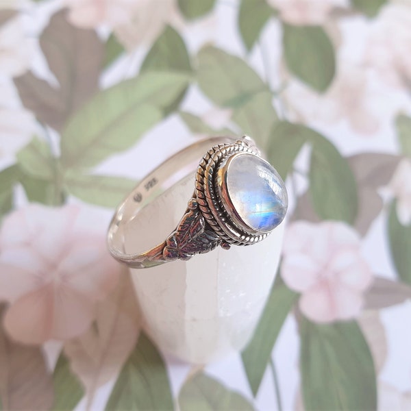 Sterling silver boho ring with moonstone oval cabochon