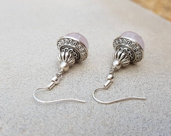 Boucles d'oreilles bohème gipsy quartz rose métal argenté