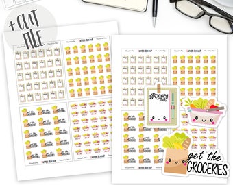 Printable Groceries Stickers, Grocery Planner Stickers, Get the Groceries, Bullet Journal Stickers, Functional Stickers, Kawaii, Cute