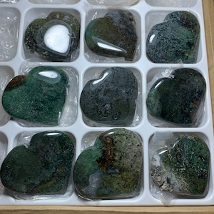 Set of 9 ! High Grade Green Moss Agate Crystal Hearts