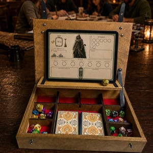 May include: A wooden tabletop gaming organiser featuring a built-in tablet stand displaying a character sheet with HP and stress trackers. The interior has red-lined compartments containing various multi-sided dice and two decks of playing cards.