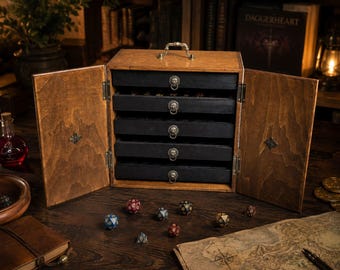 Wooden Dice Cabinet with 5 Removable Trays, Storage for 20 Dice Sets, Lion Head Handles, Personalized DND Display Case