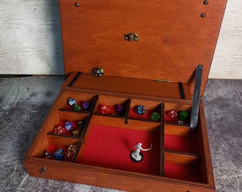 Caja organizadora de dados de madera para juegos de rol, soporte para tabletas de D&D, almacenamiento portátil de dados para juegos de mesa y en línea.