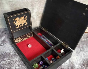 Welsh dragon Dice Sets Organizer Dice tower Dragons home Wooden Box Organizer  Sections for Storing Dice Accessories Setting Here be dragons