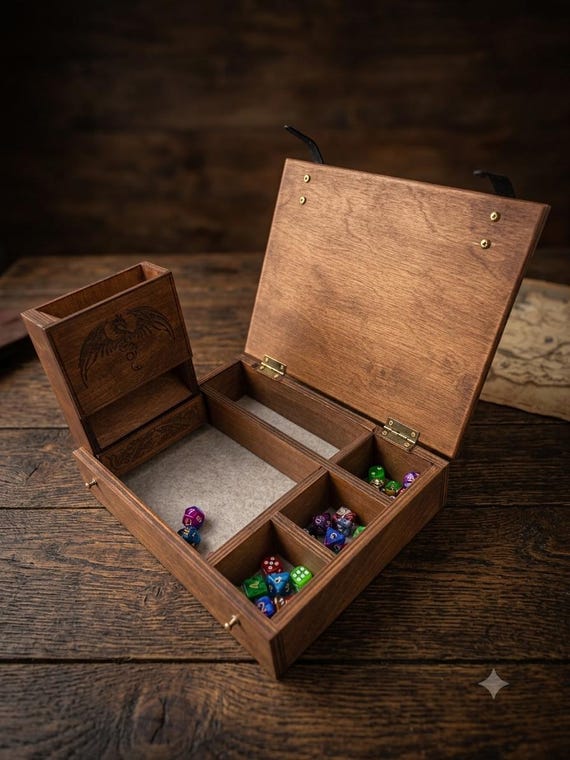 Dice Sets Organizer Dice tower Wooden Box Organizer with Sections for Storing Dice Accessories Terry Type Setting Personalization of Images