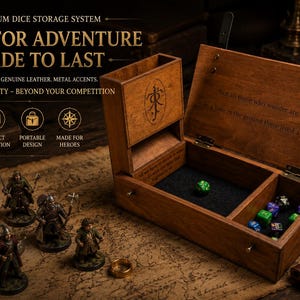 Op de afbeelding: Houten dobbelsteen opbergdoos met een scharnierend deksel, met de tekst "BUILT FOR ADVENTURE MADE TO LAST". De doos heeft compartimenten voor dobbelstenen en wordt vergezeld door miniatuur beeldjes en een gouden ring. Gemaakt van natuurlijk hout met metalen accenten.