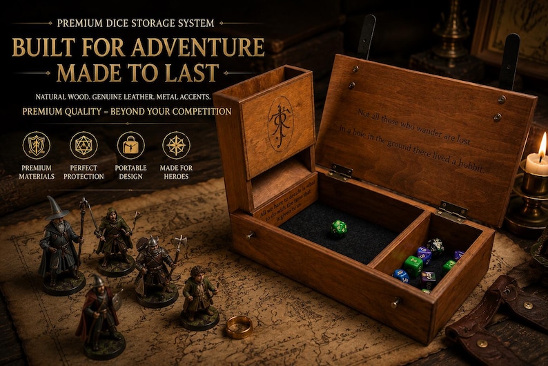 Op de afbeelding: Houten dobbelsteen opbergdoos met een scharnierend deksel, met de tekst "BUILT FOR ADVENTURE MADE TO LAST". De doos heeft compartimenten voor dobbelstenen en wordt vergezeld door miniatuur beeldjes en een gouden ring. Gemaakt van natuurlijk hout met metalen accenten.