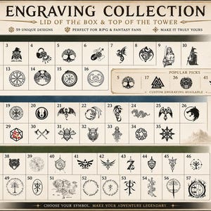 Op de afbeelding: Een verzameling van 59 unieke graveerontwerpen, ideaal voor RPG- en fantasyfans. De ontwerpen bevatten symbolen van DND & Dice, Norse & Celtic, LOTR Inspired en Bonus Symbols. De tekst luidt "Gegraveerd op deksel & torenspits".