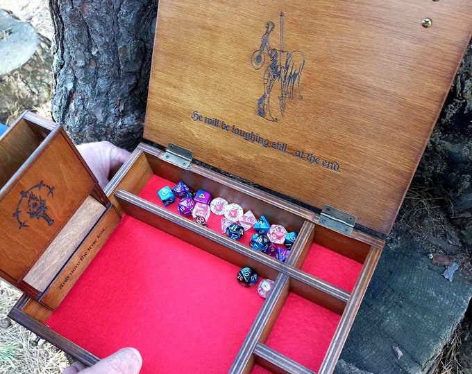 Dice tower set wooden box organizer rpg with sections for storing dice and accessories. . Terry type setting personalization of images