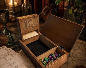 Caja de dados personalizada para personaje de DnD, regalo para druida femenina, torre de dados y bandeja de dados personalizadas, retrato de personaje de rol personalizado, regalo para Dungeons & Dragons