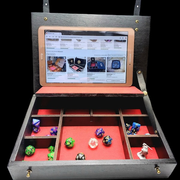 Rpg Tablet organizer for play online. Dice wooden box with sections for storing dice and accessories/electronic devices /big dice storage