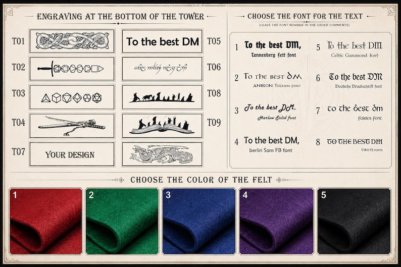 May include: A customisation guide featuring engraving options for a tower, including Celtic knots, swords, dice, and silhouettes. It lists eight font styles for the text To the best DM and displays five felt colour swatches in red, green, blue, purple, and black.