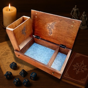Dice Tray and Tower Set Mystical Atmospheric Custom Quality Engraving Natural Dice Box and Tower Wooden Palisandr Handmade Dice Storage