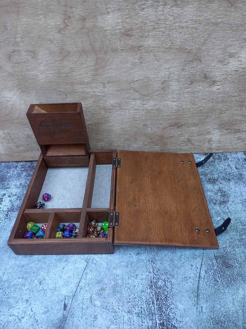 Dice Sets Organizer Dice tower Wooden Box Organizer with Sections for Storing Dice Accessories Terry Type Setting Personalization of Images image 9