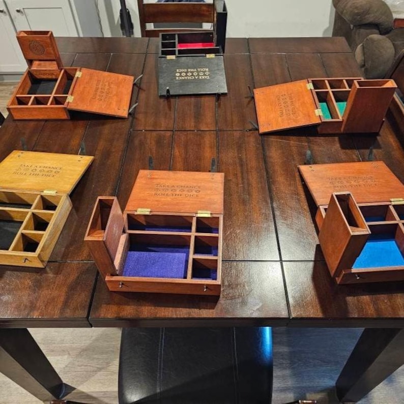 Dice Sets Organizer Dice tower Wooden Box Organizer with Sections for Storing Dice Accessories Terry Type Setting Personalization of Images image 6