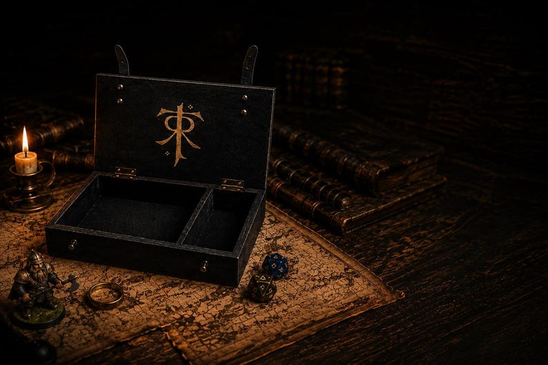 Op de afbeelding: Zwarte houten kist met een gouden embleem, open om twee compartimenten te onthullen. De kist staat op een kaart, met een kaars, dobbelstenen en een ring. De kist heeft een leren riem en is waarschijnlijk voor het opbergen van kleine items.
