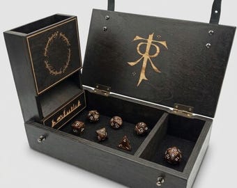 Caja para dados de El Señor de los Anillos, almacenamiento de dados de D&D, estuche de madera para dados, soporte para dados de juegos de rol de fantasía, regalo inspirado en Tolkien