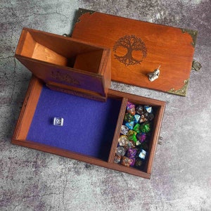 Custom DnD Mahagon color Vault for Dice in Burn Old Wood Style  Personalized Dice Box Storage, Dice Rollitng Tray and Vault Dice Tower