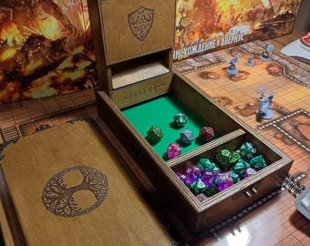Benutzerdefinierter D&D-Tresor für Würfel im alten Holzstil, D&D-Würfelbox, personalisierter Würfelbox-Aufbewahrungswert für Würfelturm und Tablett Comic Con Geschenk